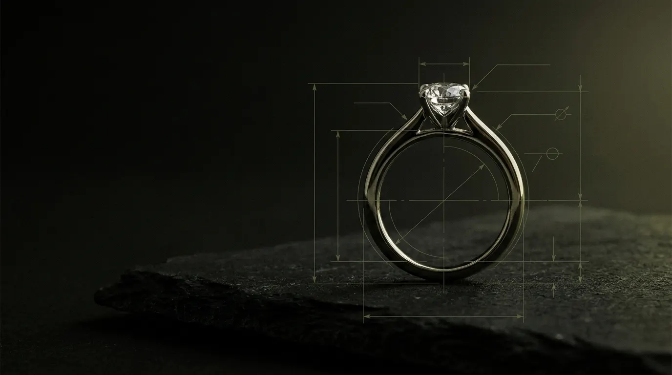 Solitaire engagement ring on black slate with engineering blueprint dimension lines traced over it