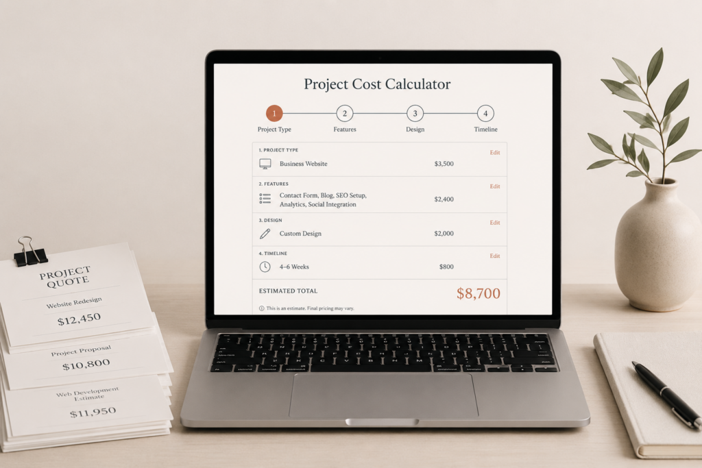 Editorial cover of a laptop showing a tidy WordPress cost estimation calculator with a price total displayed