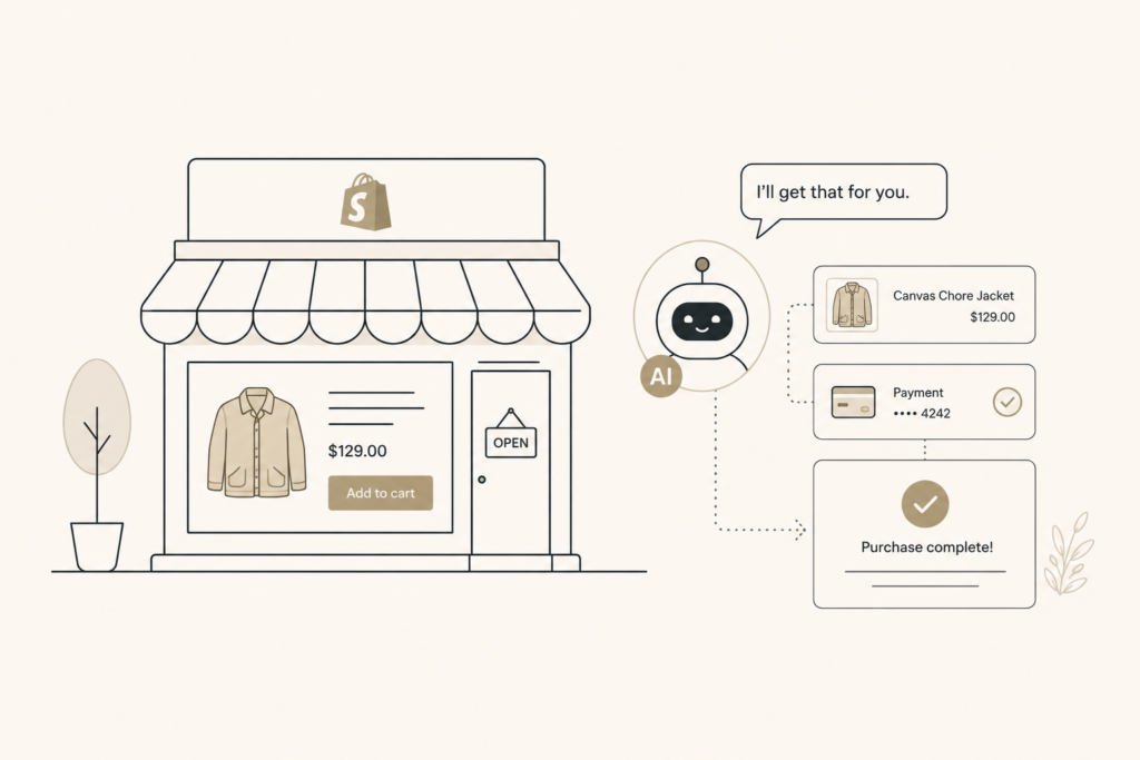 A 2026 ecommerce scene where an AI assistant browses and buys on a shoppers behalf