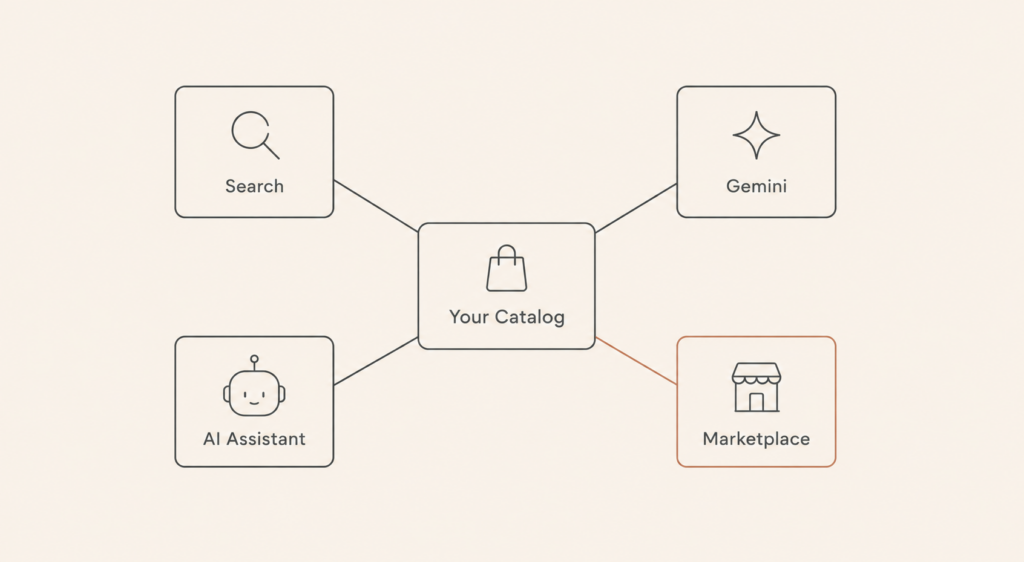 A diagram of a single product catalog syndicating out to multiple AI assistant channels