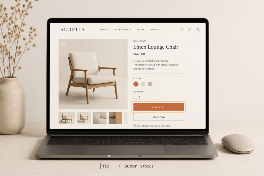 A laptop showing an ecommerce product page with a keyboard-focus outline highlighting the add-to-cart button