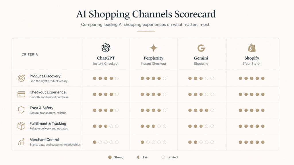 A scorecard comparing four AI shopping channels across fees, audience, and checkout