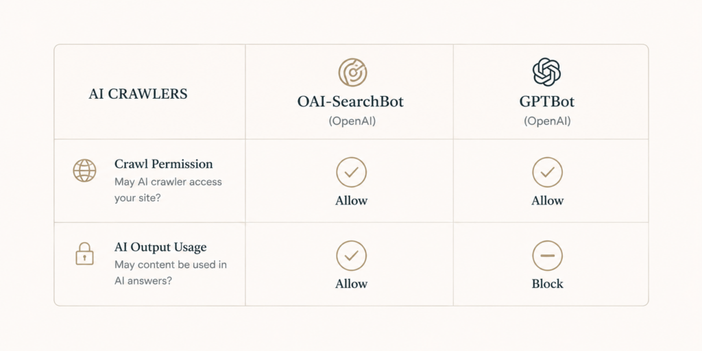 A simple table showing what to allow and block for shopping visibility versus training
