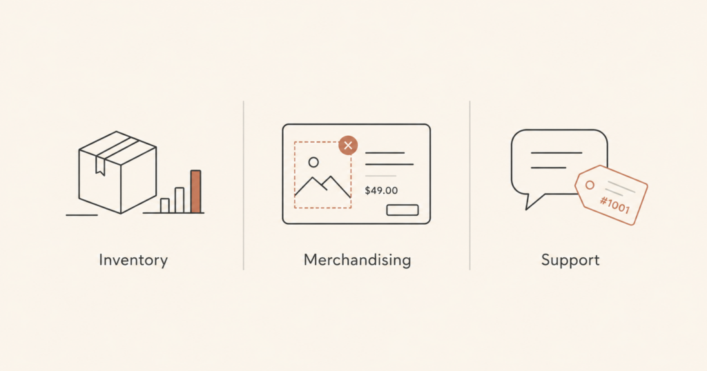 A simple three-panel layout showing inventory analysis, merchandising cleanup, and customer support workflows