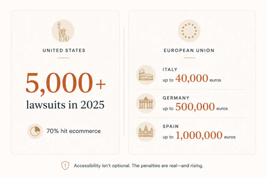 A simple two-panel graphic comparing US ADA lawsuit numbers with EU Accessibility Act fine ranges.