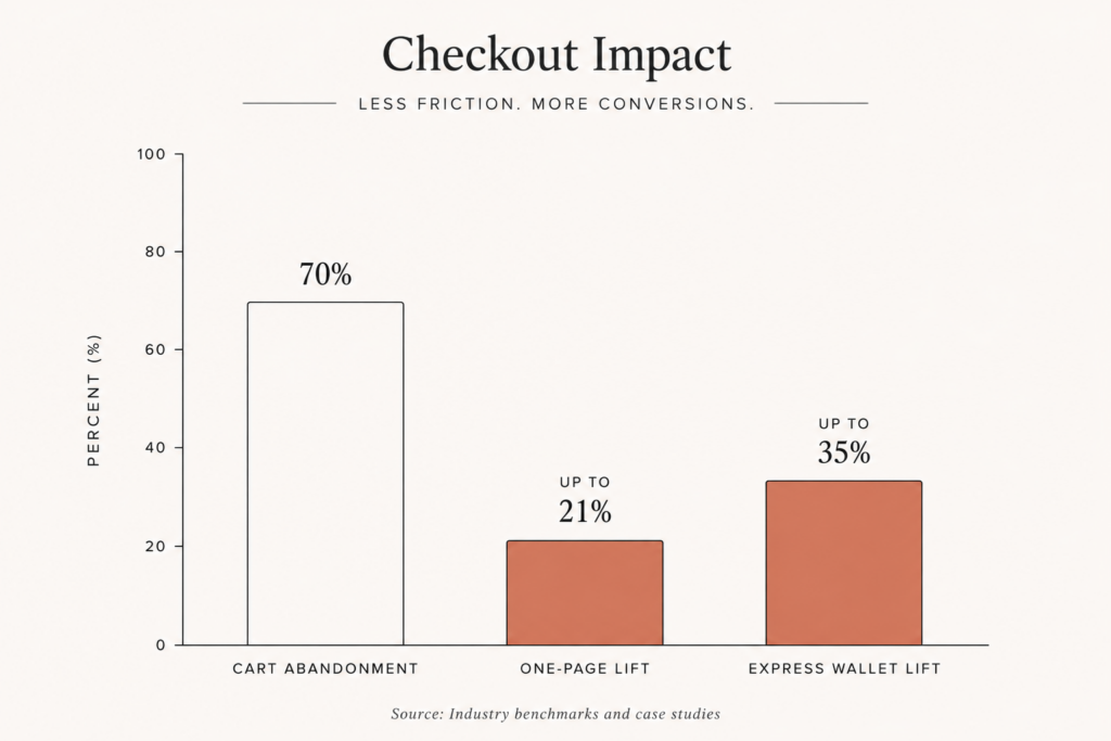 Bar chart comparing 70 percent average cart abandonment against conversion gains from one-page checkout and express wallets