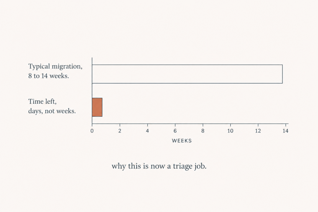 Bar chart comparing a typical 8 to 14 week Scripts migration against the days left before the deadline