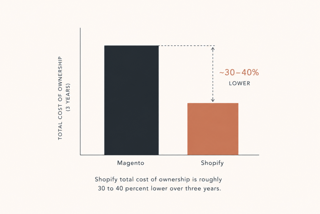 Bar chart comparing three-year total cost of ownership for Magento versus Shopify