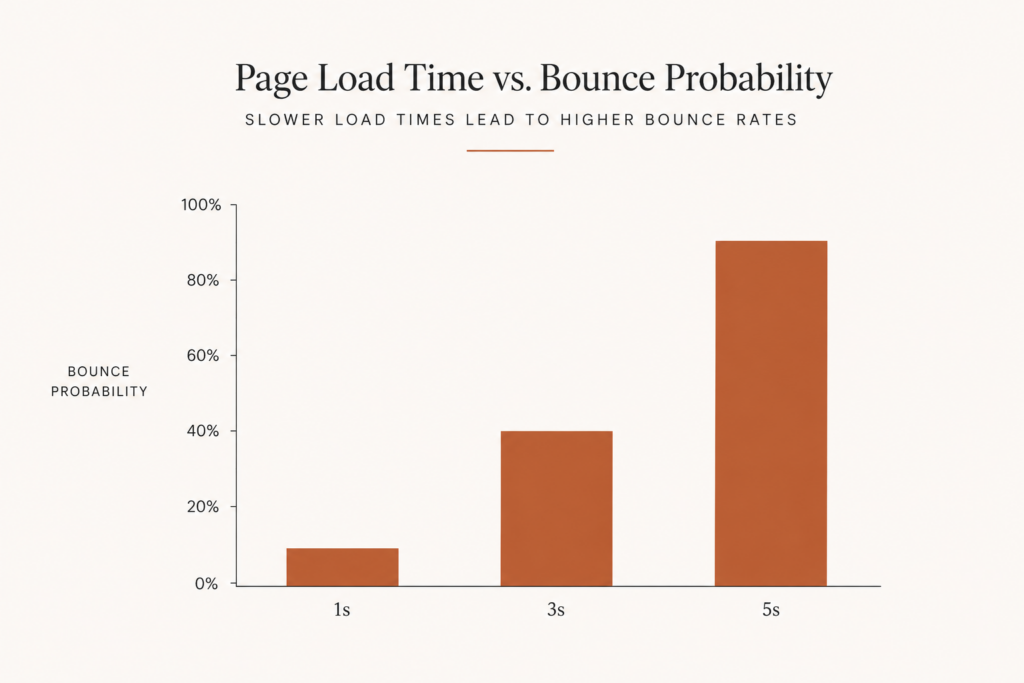 Bar chart showing ecommerce bounce probability rising as Magento page load time increases from one to five seconds
