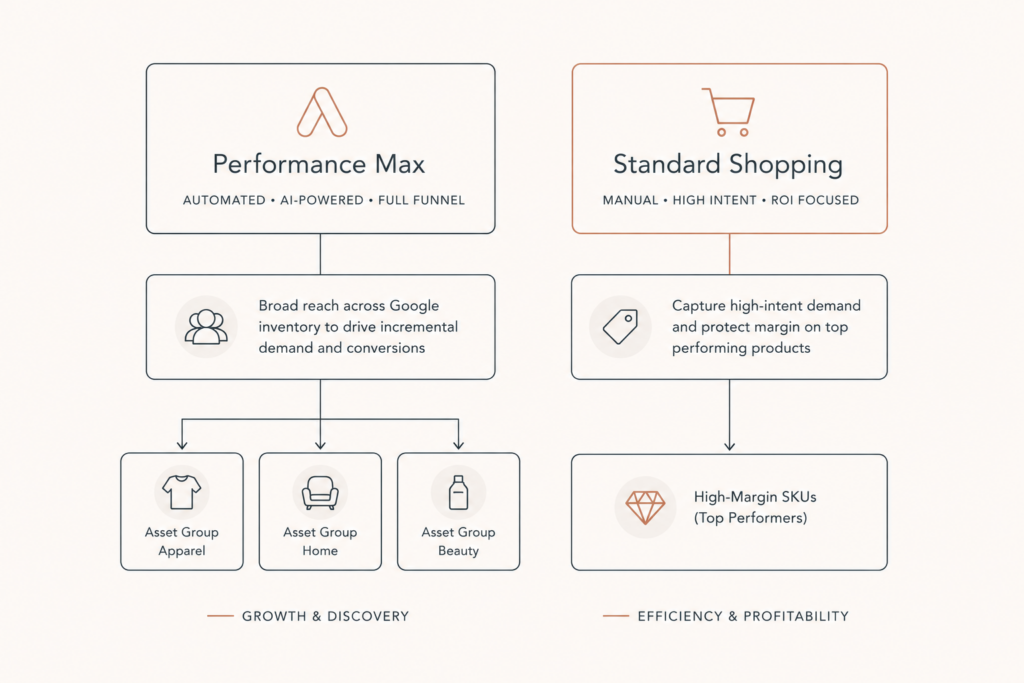 Diagram of a hybrid Performance Max and Standard Shopping structure with asset groups segmented by product category