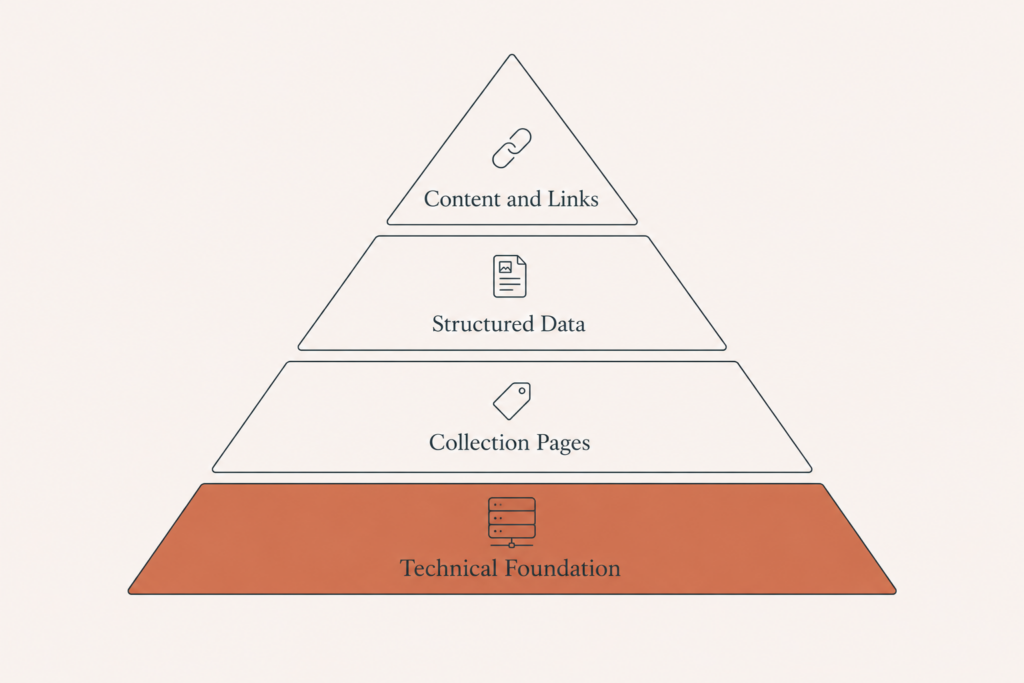  Diagram showing the Shopify SEO 2026 stack with technical foundation, collection pages, schema, and content layered from bottom to top