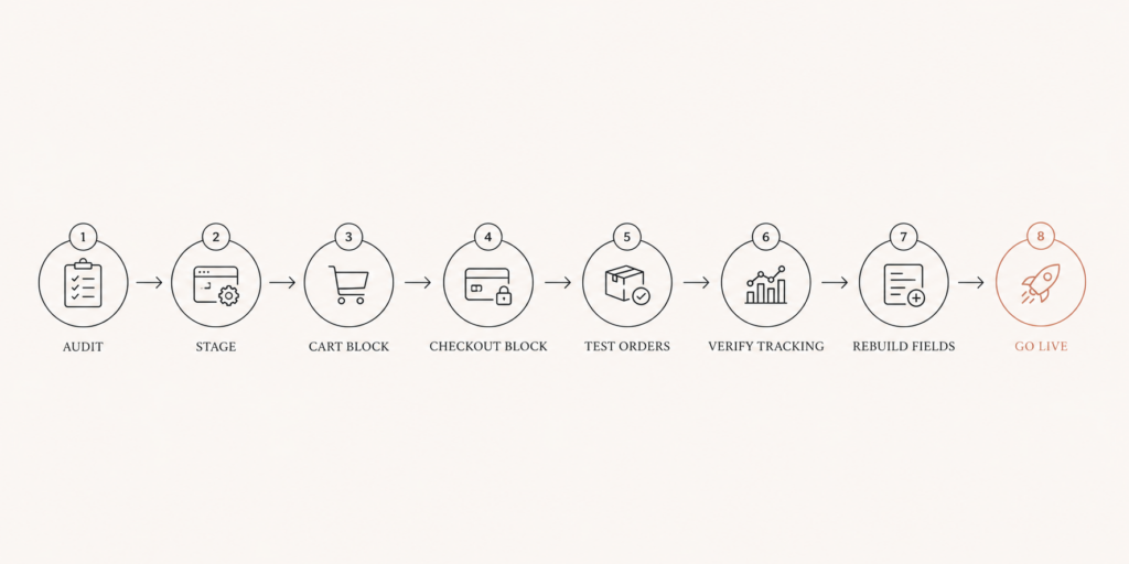 Eight-step WooCommerce checkout blocks migration flow from audit to go live on staging then production