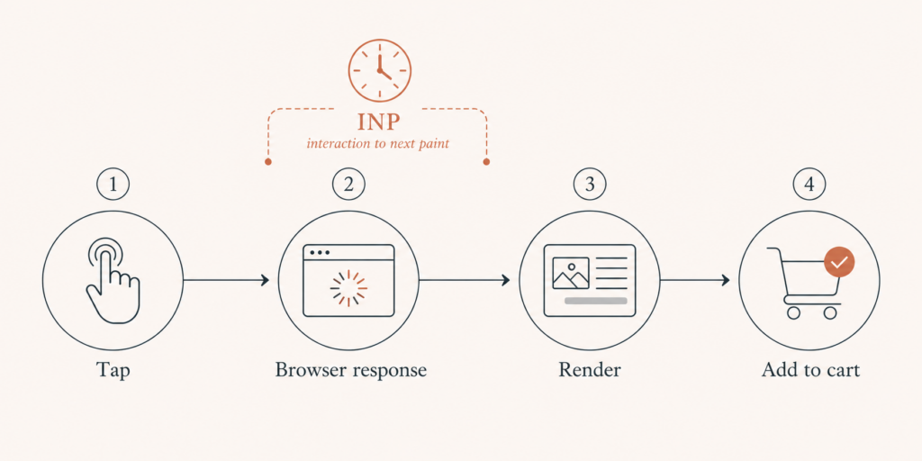 Flow diagram tracing a mobile tap moving through page response to the add to cart action, with INP marked at the interaction point
