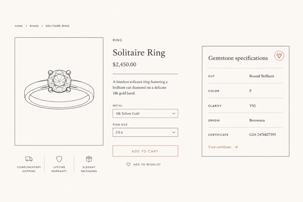 Illustration of a jewelry product page showing a structured gemstone specification card powered by a Shopify metaobject