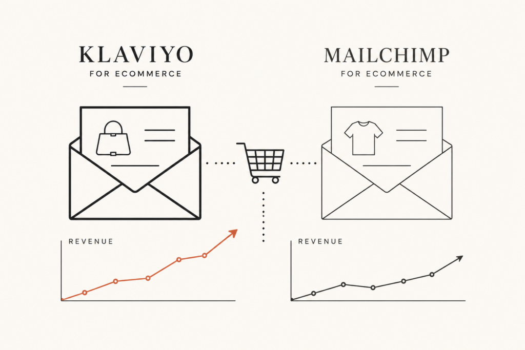 Klaviyo vs Mailchimp for ecommerce comparison, two email platform paths split by revenue per email