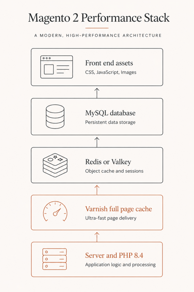  Layered diagram of the Magento 2 performance stack from server and PHP up through Varnish, Redis or Valkey, database, and front end