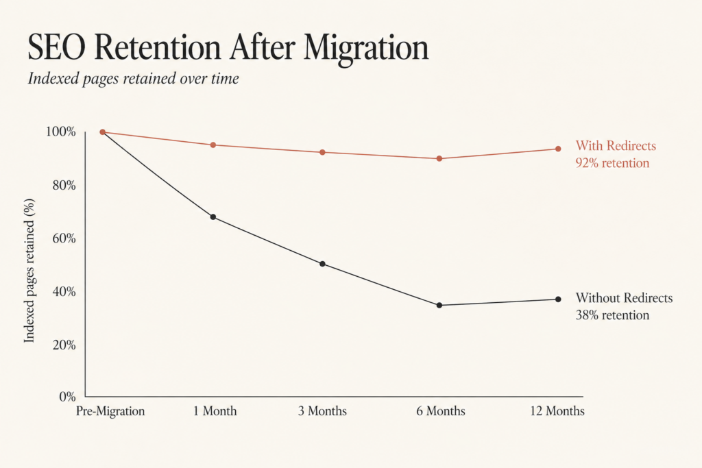 Line chart showing organic ranking retention after a WooCommerce to Shopify migration with and without 301 redirects