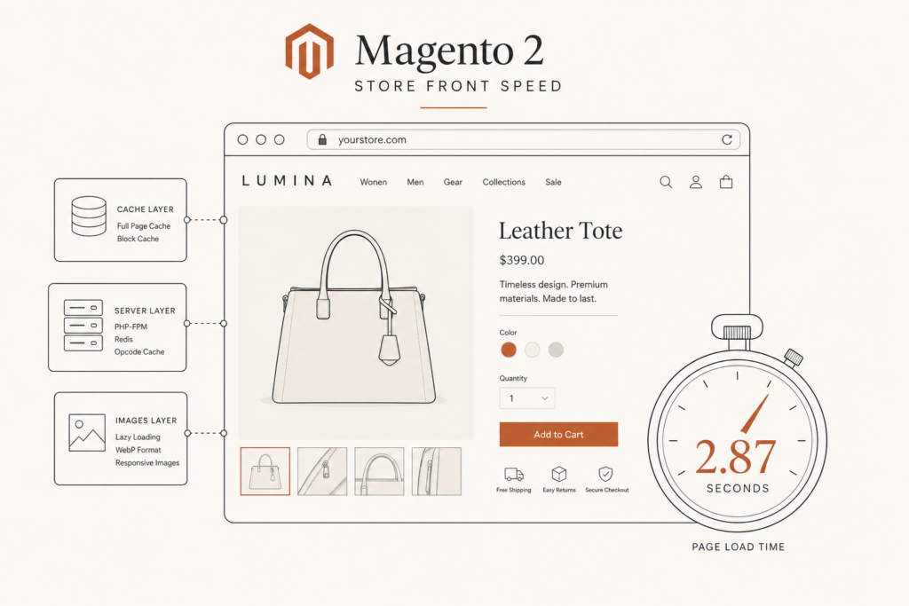 Magento 2 speed optimization diagram showing a storefront loading under three seconds with caching and performance layers