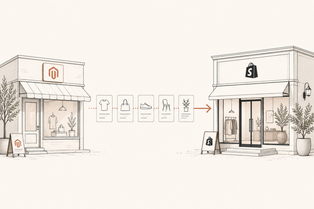 Magento to Shopify migration plan shown as a clean editorial diagram of data moving between two storefront platforms