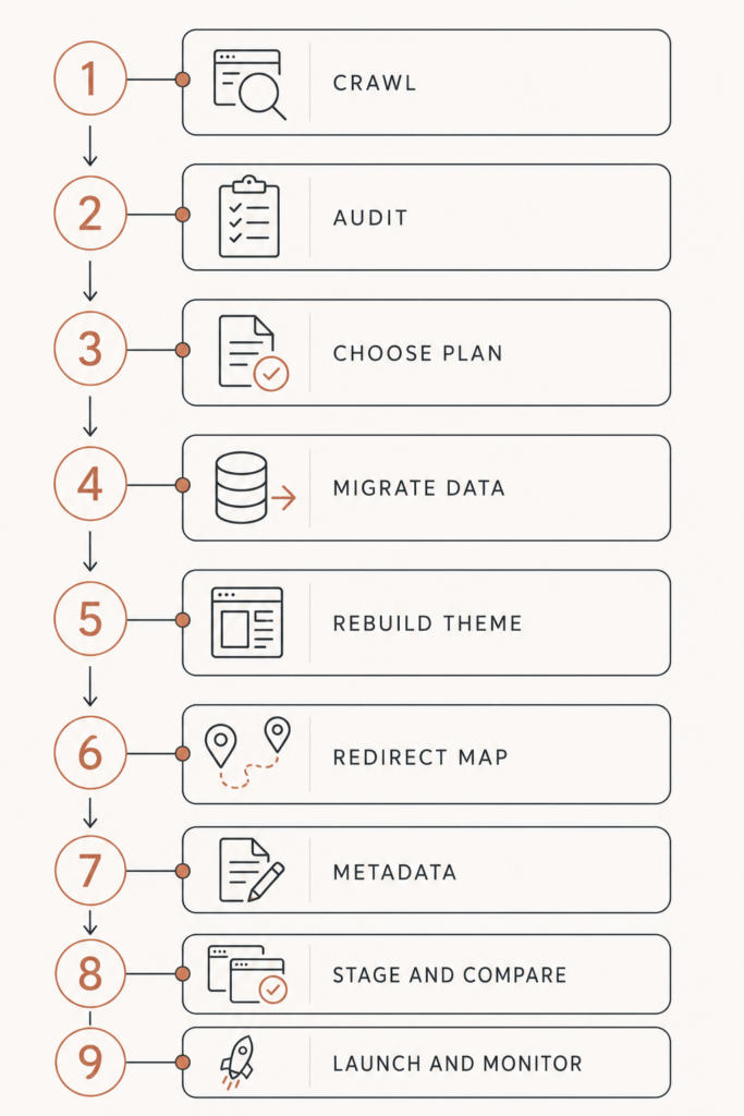 Nine-step Magento to Shopify migration workflow from crawl to post-launch monitoring