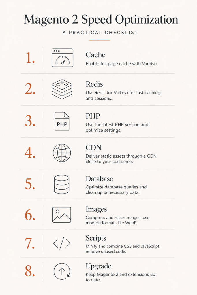 Numbered checklist showing the order of Magento 2 speed optimization steps from caching to image compression