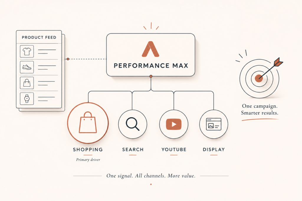 Performance Max for ecommerce campaign structure diagram showing Shopping, Search, and asset groups feeding into target ROAS