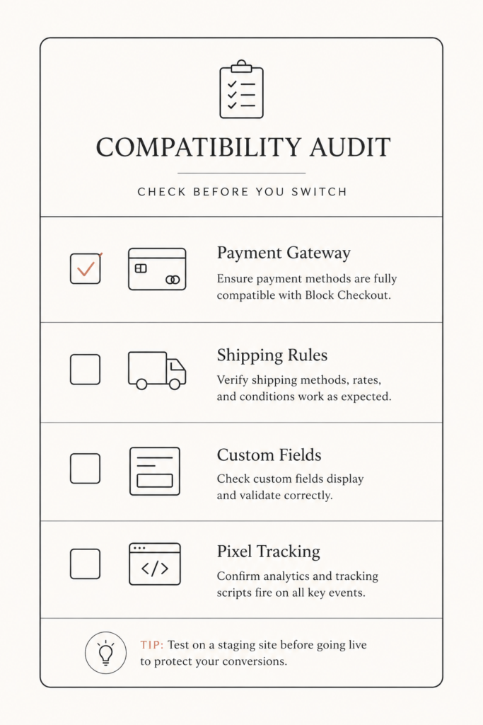 Pre-migration compatibility checklist for WooCommerce checkout blocks covering payment gateway, shipping, custom fields, and tracking
