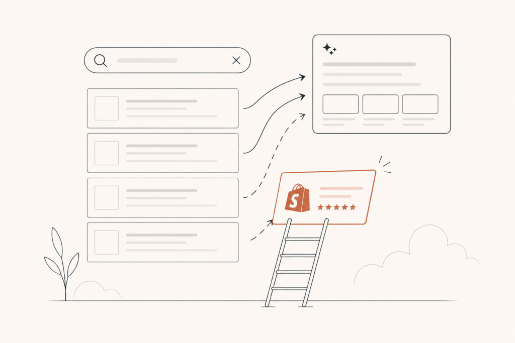 Shopify SEO in 2026 illustrated as a storefront search result rising up Google rankings while AI Overviews pull clicks away