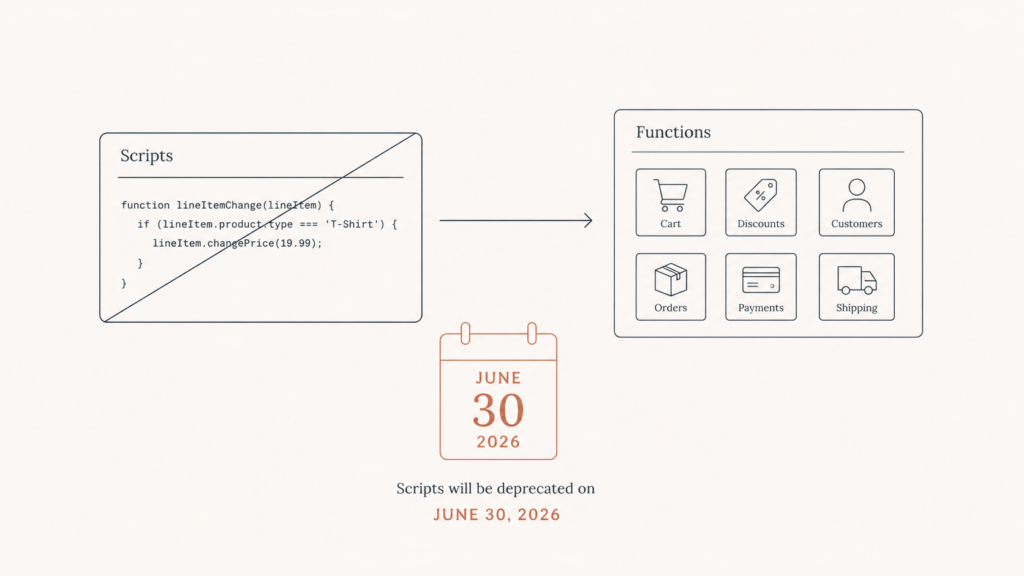 Shopify Scripts ending on June 30, 2026 with a migration path to Shopify Functions