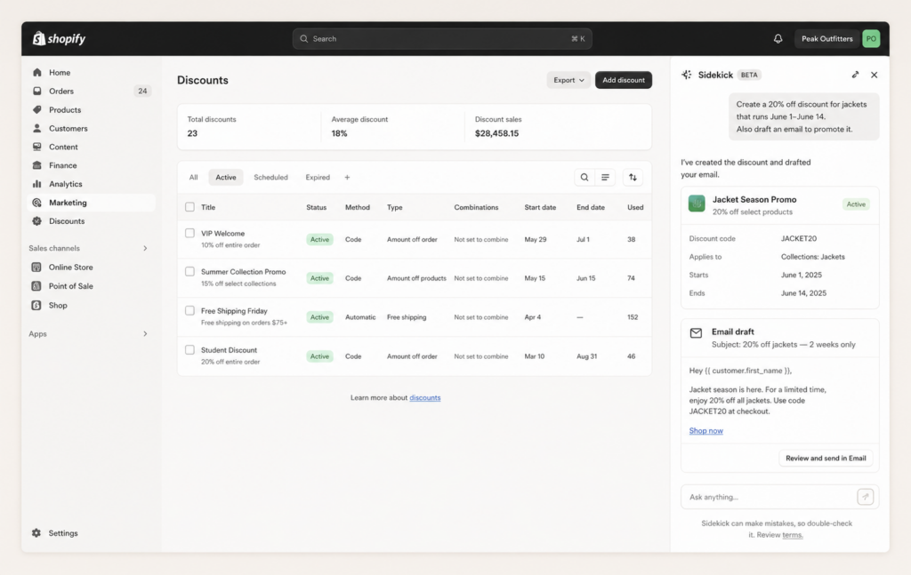 Shopify Sidekick running a multi-step discount and email task from one prompt