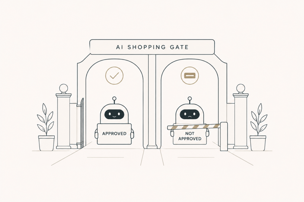 Two similar-looking bots being sorted at a gate, one allowed and one blocked