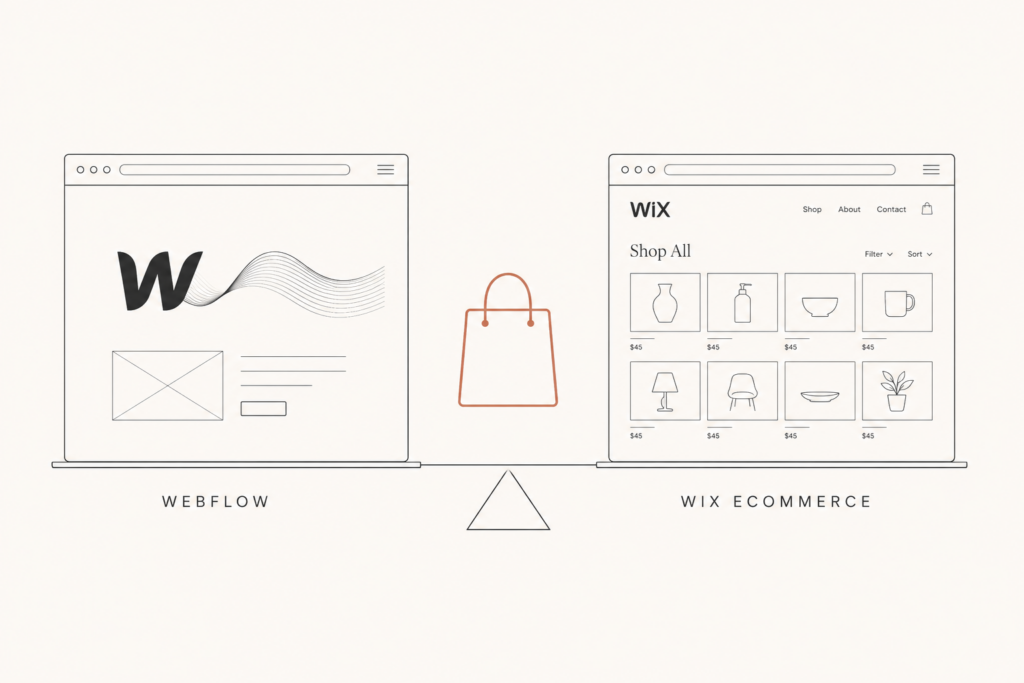 Webflow vs Wix for ecommerce comparison, two storefront platforms weighed side by side