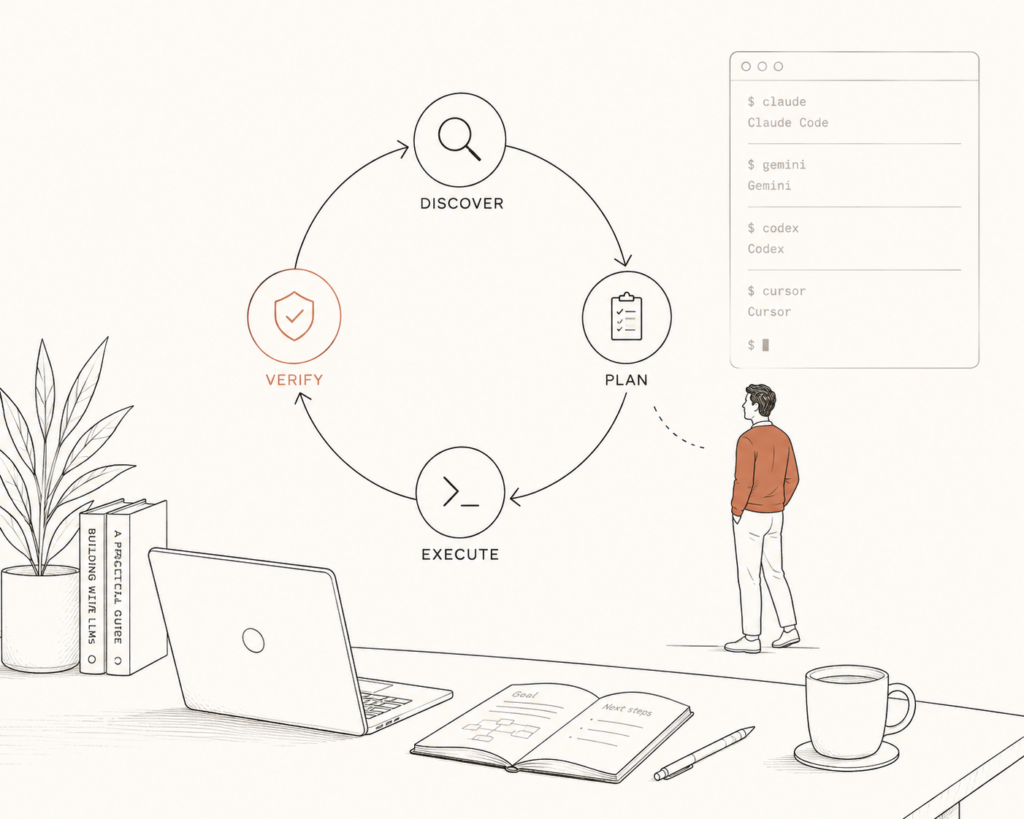 loopAI loop engineering guide showing the four-step discover, plan, execute, verify loop with a person stepping outside it