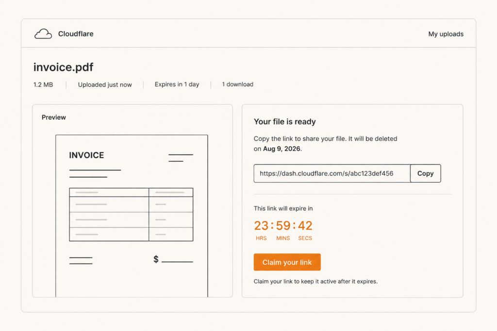 A dashboard screen showing a live site preview with a countdown timer and a claim button