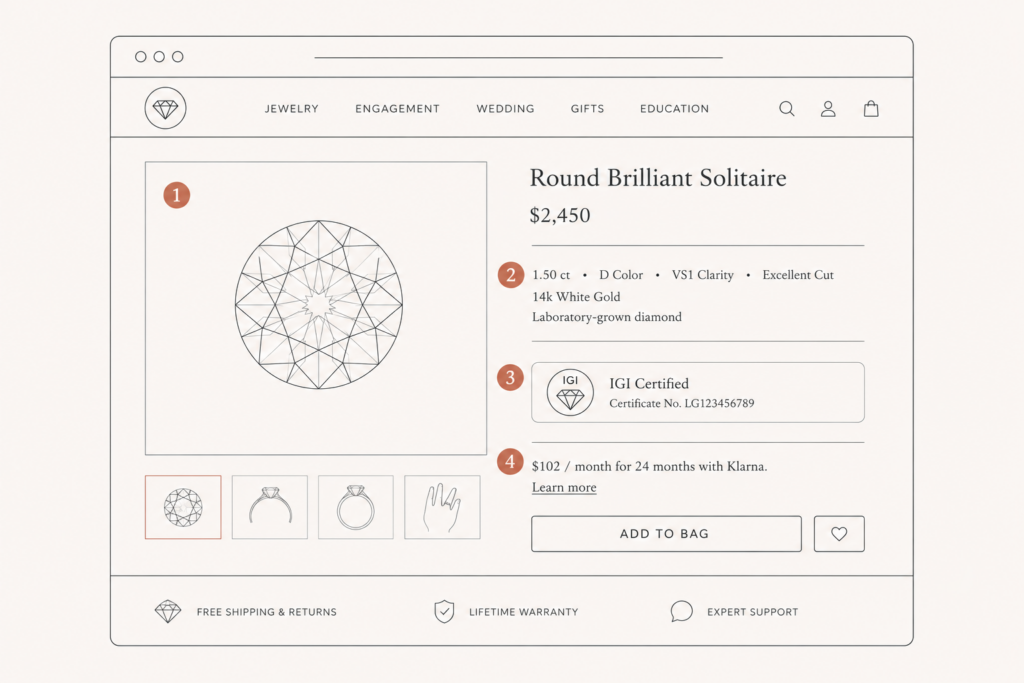 Annotated layout of a high-converting lab-grown diamond product page with imagery, plain-language specs, certificate, and financing