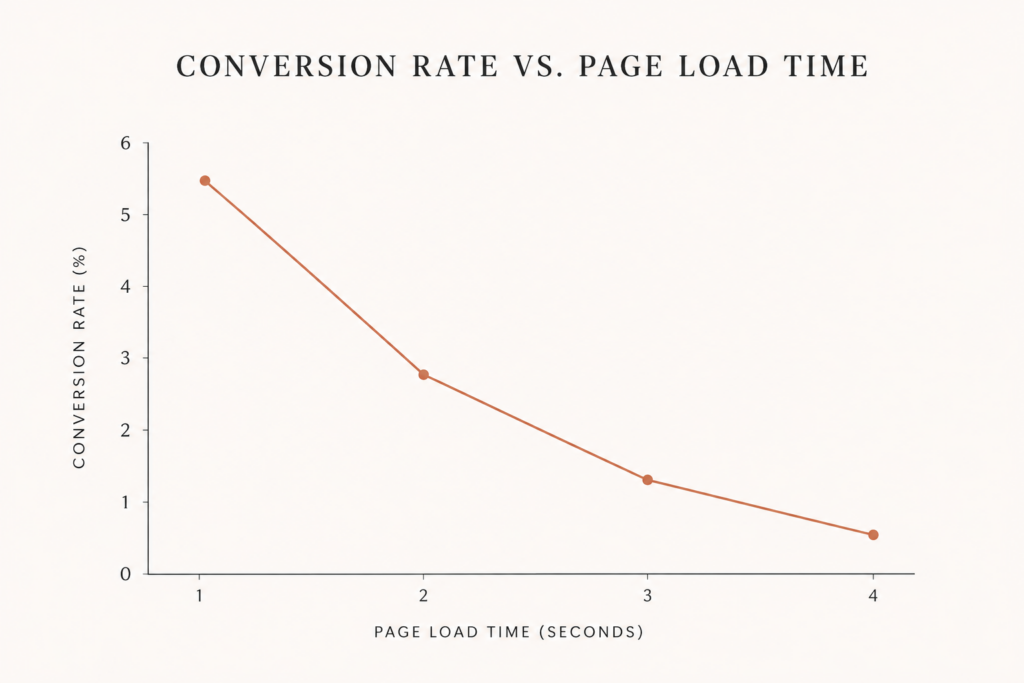 Chart showing ecommerce conversion rate falling as page load time increases from one to four seconds