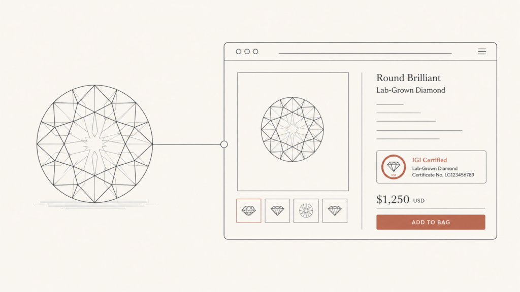 Editorial line illustration of a lab-grown diamond and an online jewelry product page, representing how to sell lab-grown diamonds online