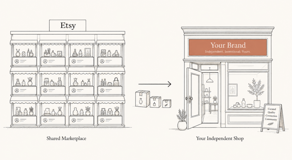 Etsy to Shopify migration illustrated as products moving from a shared marketplace shelf to an independent storefront