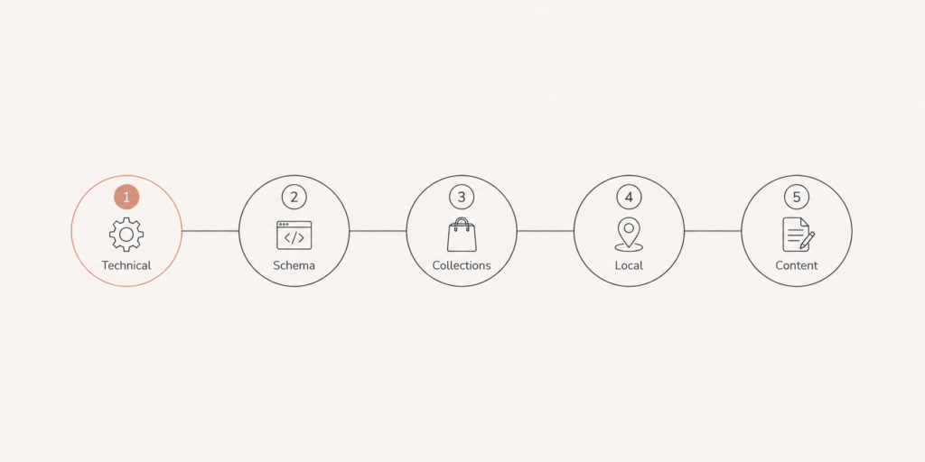 Five-step jewelry SEO priority sequence from technical foundations through schema, collection pages, local profile and content