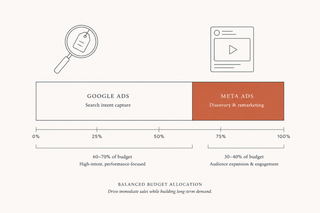 Google Ads vs Meta Ads for ecommerce, a budget split diagram showing demand capture on one side and demand creation on the other