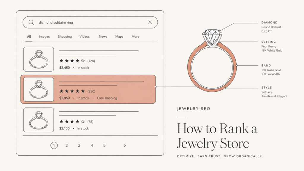 Jewelry SEO illustration showing a jewelry store search result structure with product listings, ratings and schema data