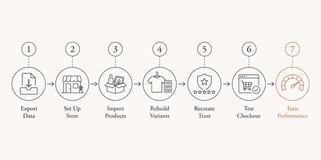 Seven-step Etsy to Shopify migration sequence from data export to performance tuning