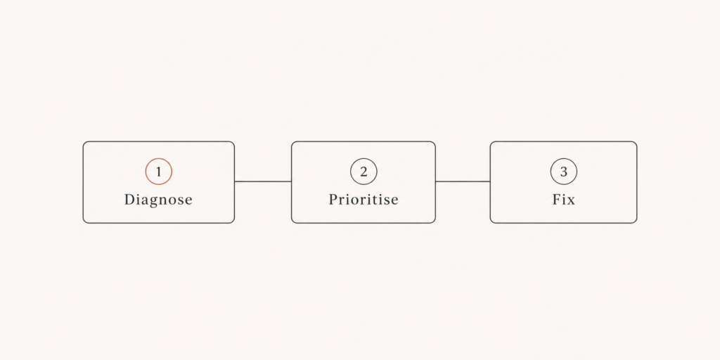 Simple flow diagram showing diagnose TTFB LCP element and script weight before applying WordPress speed fixes WordPress Speed Optimization: How to Fix a Slow Site at the Source
