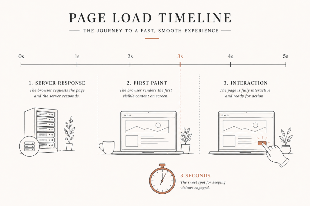 WordPress speed optimization concept showing a site's load time broken into server, render, and interaction stages