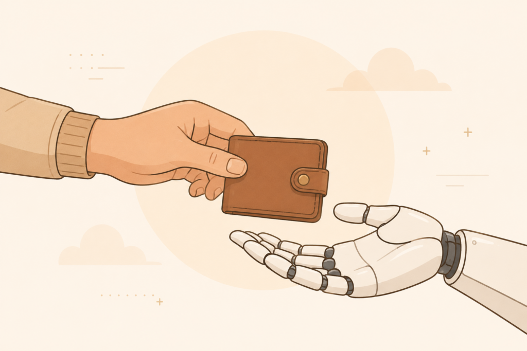 Hero graphic showing a human hand passing a small wallet to a robot hand