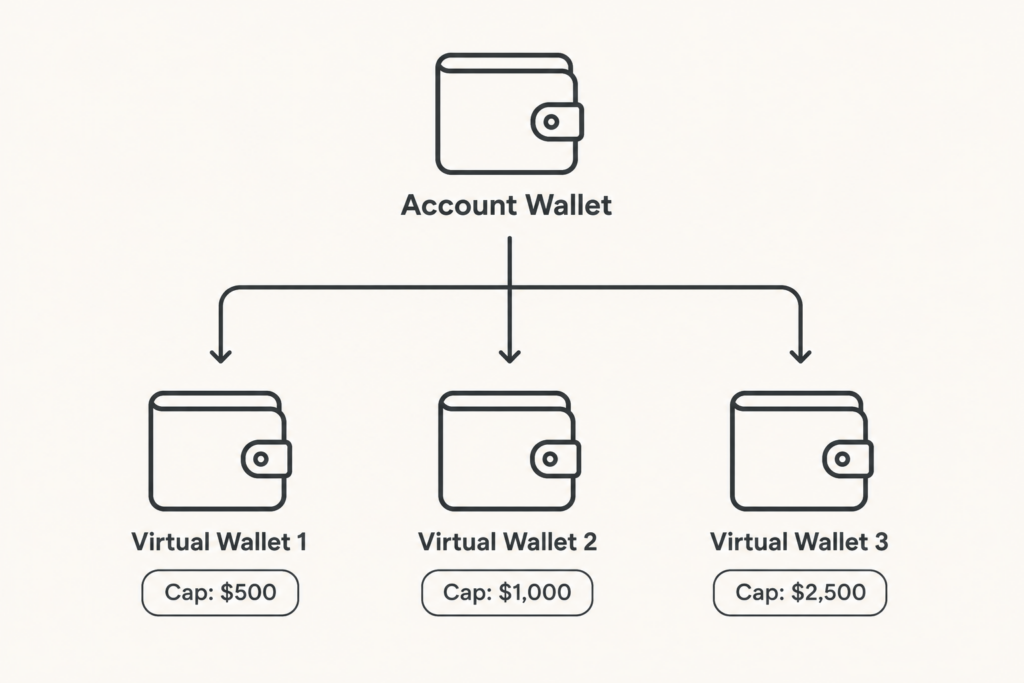 Simple two-tier diagram showing one Account Wallet on top feeding three Virtual Wallets below