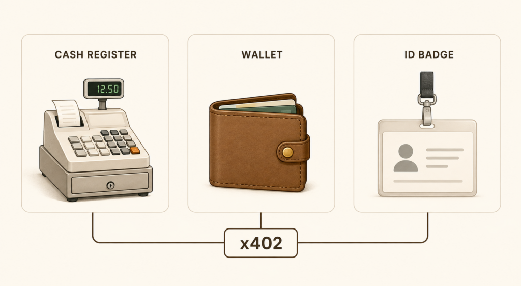 Three-column illustration of a cash register, a wallet, and an ID badge connected by a single line labeled x402, minimal warm-neutral style